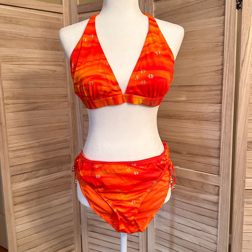 XOXO Red Orange Gold Bikini w/Adjustable beaded bottoms Sz XL
